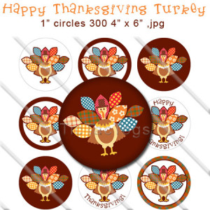 Happy Thanksgiving Turkey Bottle Cap Images Fabric Feathers Digital