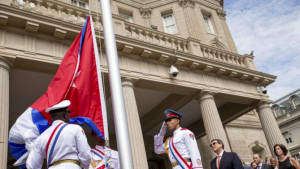 Cuban honor guard prepares a Cuban national flag to be raised by Cuban ...