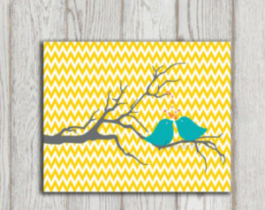 Nursery print Yellow Chevron printable Turquoise love birds Grey Tree ...