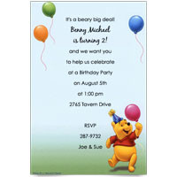 Disney Pooh Party Hat Balloons Baby Birthday Invitations