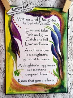 MOTHER DAUGHTER POEM 5x7 Quotation Words Family Wall Sayings Heartful ...
