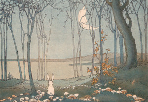 ... , cute, fairy tale, forest, illustration, lake, moon, rabbits, trees