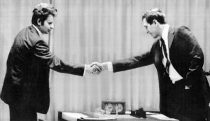 Russian chess master Boris Spassky, left, shakes hands with Bobby ...