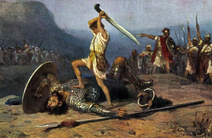 Outmatched but victorious, the biblical figure David slays Goliath in ...