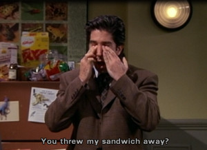 ... this image include: David Schwimmer, friends, ross geller and sandwich