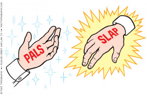 Frenemies Pals Slap handshake corporate mergers, Fast Company magazine