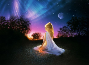 Wonderful Evening - sunset, atmosphere, girl, moon, trees, landscape ...