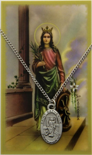 Oval St. Catherine of Alexandria Medal with Prayer Card - Silver tone