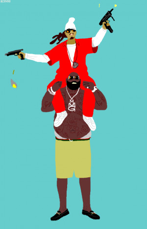 Rapper shooting guns while sitting on Rick Ross's shoulders.