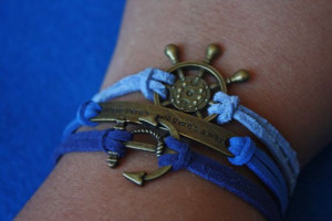 ... Blue Suede with Bronze Brass Anchor, Rudder, Quote Charm Bracelet