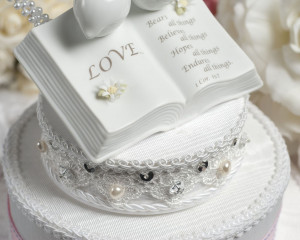 Daisy Accented Doves and Bible Love Verse Wedding Cake Toppers