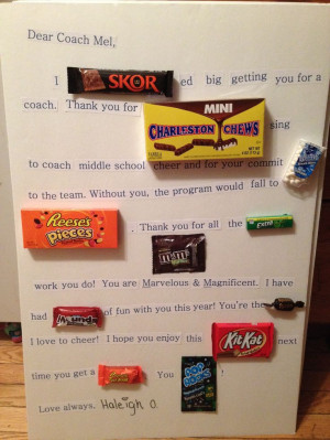 thank you gift for my daughter's cheer coach. Candy letter
