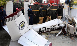 LAHORE: The wreck of Cessna 150 aircraft, which crashed in the porch ...