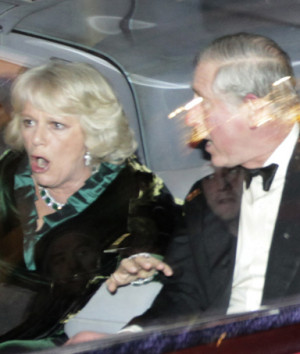 Britain's Prince Charles and Camilla, Duchess of Cornwall, react as ...
