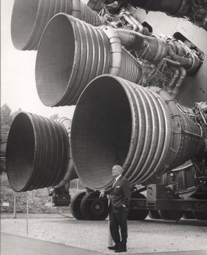 Wernher von Braun in front of Saturn S1-B BoosterRocket Motors