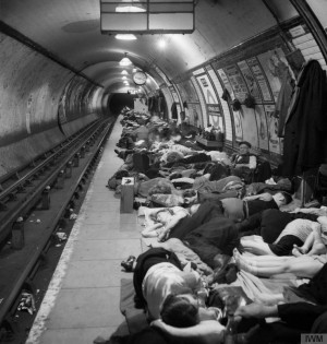 Sheltering during an air raid; People sheltering on the platform of ...