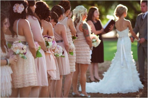 Casual outdoor wedding with mix and match peach and beige bridesmaids ...