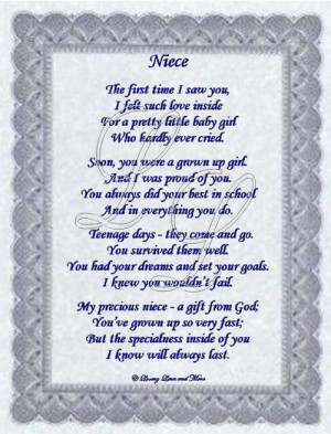Niece poem is about a special niece. Poem may be personalized with no ...