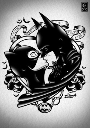 cat love Illustration art Bat batman women kiss tattoo heart feelings ...