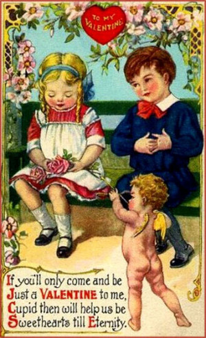 ... cards: Two kids on a bench and cupid pointing his arrow at the girl