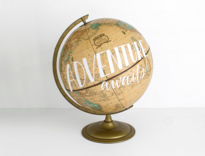 Adventure Awaits Painted World Globe Tan 12 inch Painted Quote Hand ...