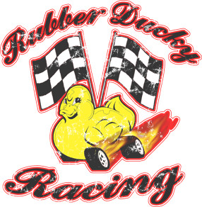 rubber ducky with flames on racing tires. Shirt design reads, 