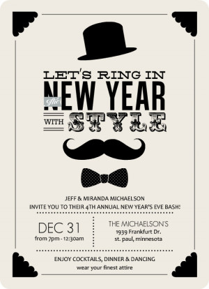 Vintage mustache themed New Years invitation by PurpleTrail.com.