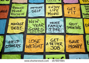 ... or resolutions - colorful sticky notes on a blackboard - stock photo