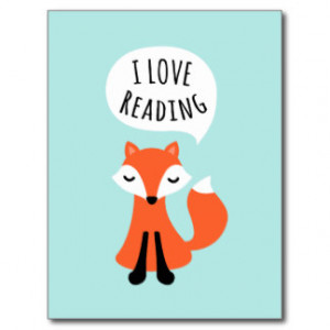 love reading cute cartoon fox on blue background postcard