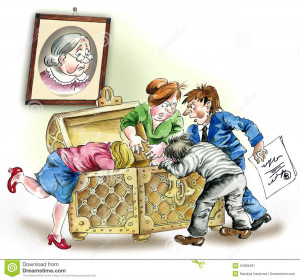 Comic illustration of Greedy heirs fighting over grandmother`s ...
