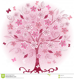 Árbol rosado decorativo del resorte con las flores, las hojas y las ...
