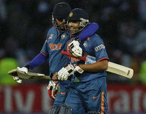 Yuvraj Singh and Rohit Sharma walk off after India's win