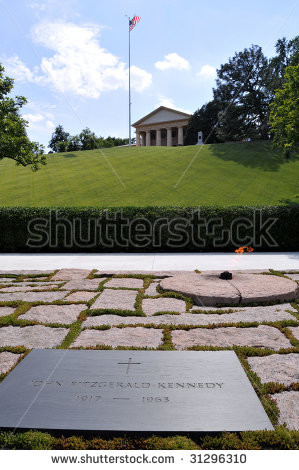 John F. Kennedy's grave, the eternal flame, and Arlington House in the ...