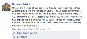 Nicholas Kristof Liu Xiaobo Facebook photo
