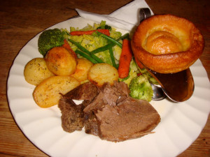 ... beef, mixed vegetables, a Yorkshire pudding, and some roast potatoes
