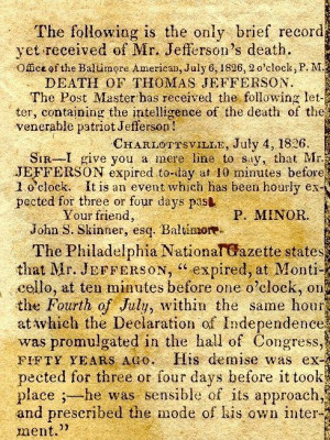 Thomas Jefferson's Obituary as published in the Albany Argus & City ...