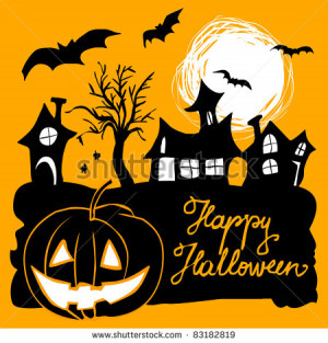 Halloween card with pumpkin lantern, bats, haunted houses and moon