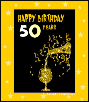 Happy birthday card with 50 golden years image and sparkling champagne