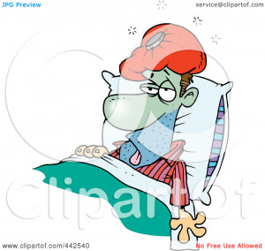 ... ) Clip Art Illustration of a Cartoon Sick Man In Bed With An Ice Pack