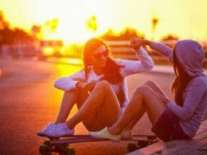 friends, skateboard, high five, sunset, girls