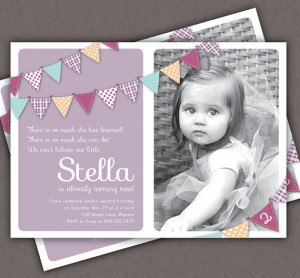 Bunting Invitation Photo Printable Invite - 1 Year Old 2 Year Old Girl ...