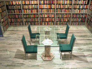 Home Library Design with Green Chairs
