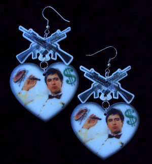 Scarface Tony Montana Earrings, m-13 gun, heart, white and black ...