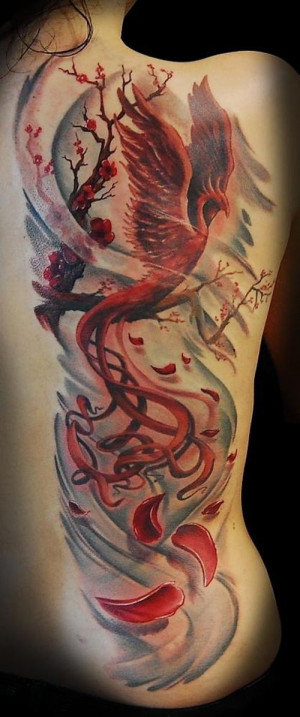 home back tattoos red flying phoenix tattoo with red trees on back