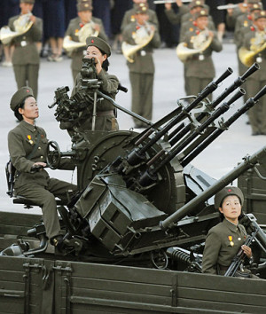 North Korean antiaircraft artillery parades through Kim Il Sung Square ...