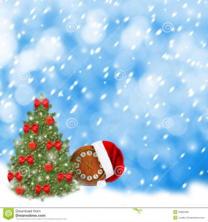 Santa Claus hat, clock and Christmas tree. Christmas snowy night.