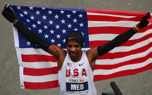 Meb Keflezighi of the USA celebrates after winning the 40th men's ING ...