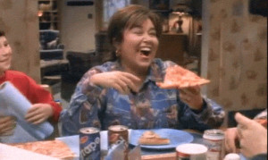 tv laughing eating pizza roseanne animated GIF