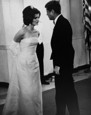President and Jacqueline Kennedy in formal dress, before a state ...