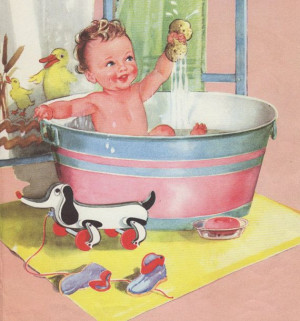 Antique print BABY bath time 1950s illustration nursery decor baby ...